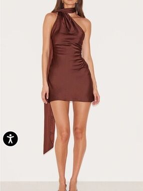 PrettyLittleThing Brown One-Shoulder Satin Mini Dress